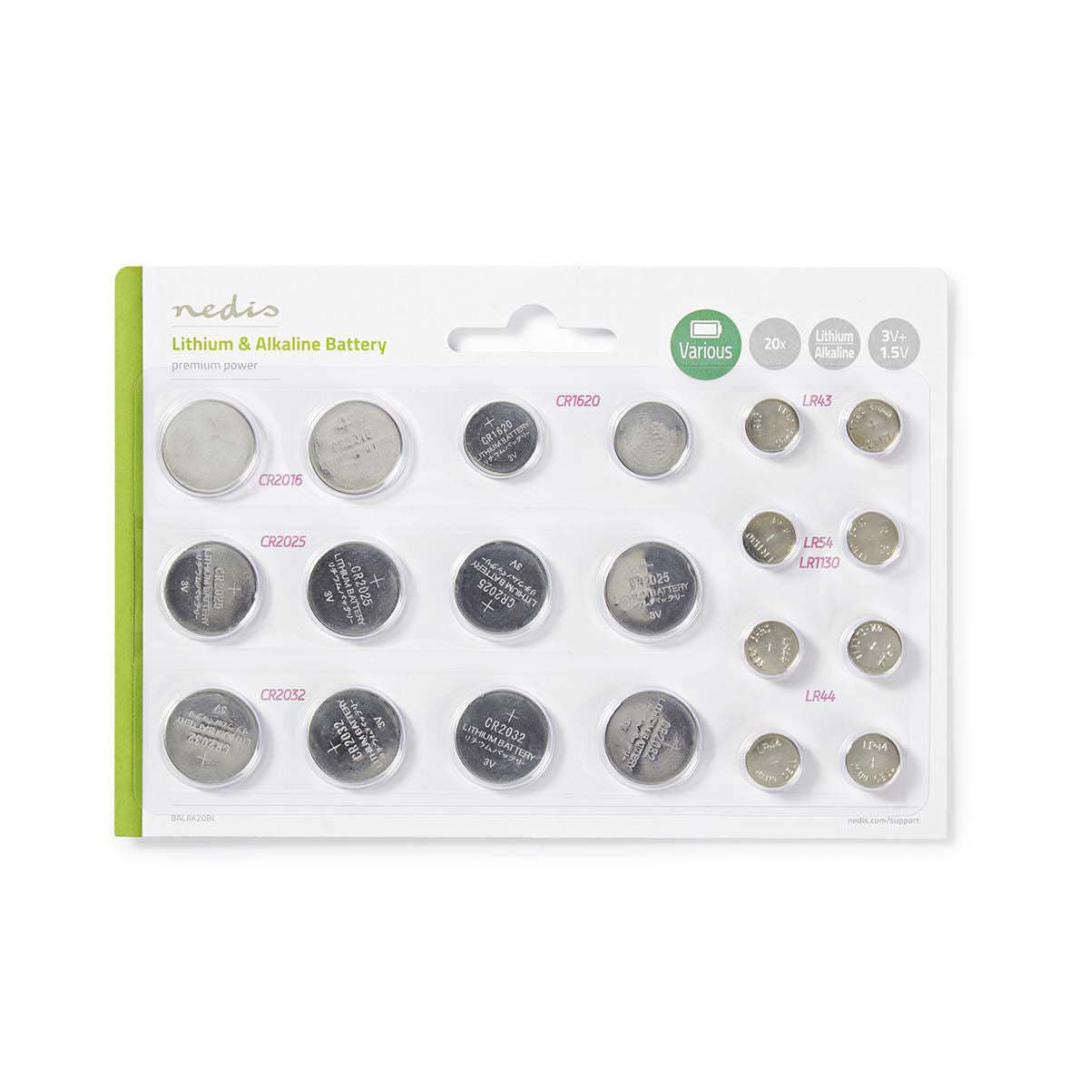 Nedis Lithium Button Cell Battery Multi Pack CR2025/CR 2016/CR1620/LR43/LR54/LR4 20 pieces total Blister - BALAK20BL