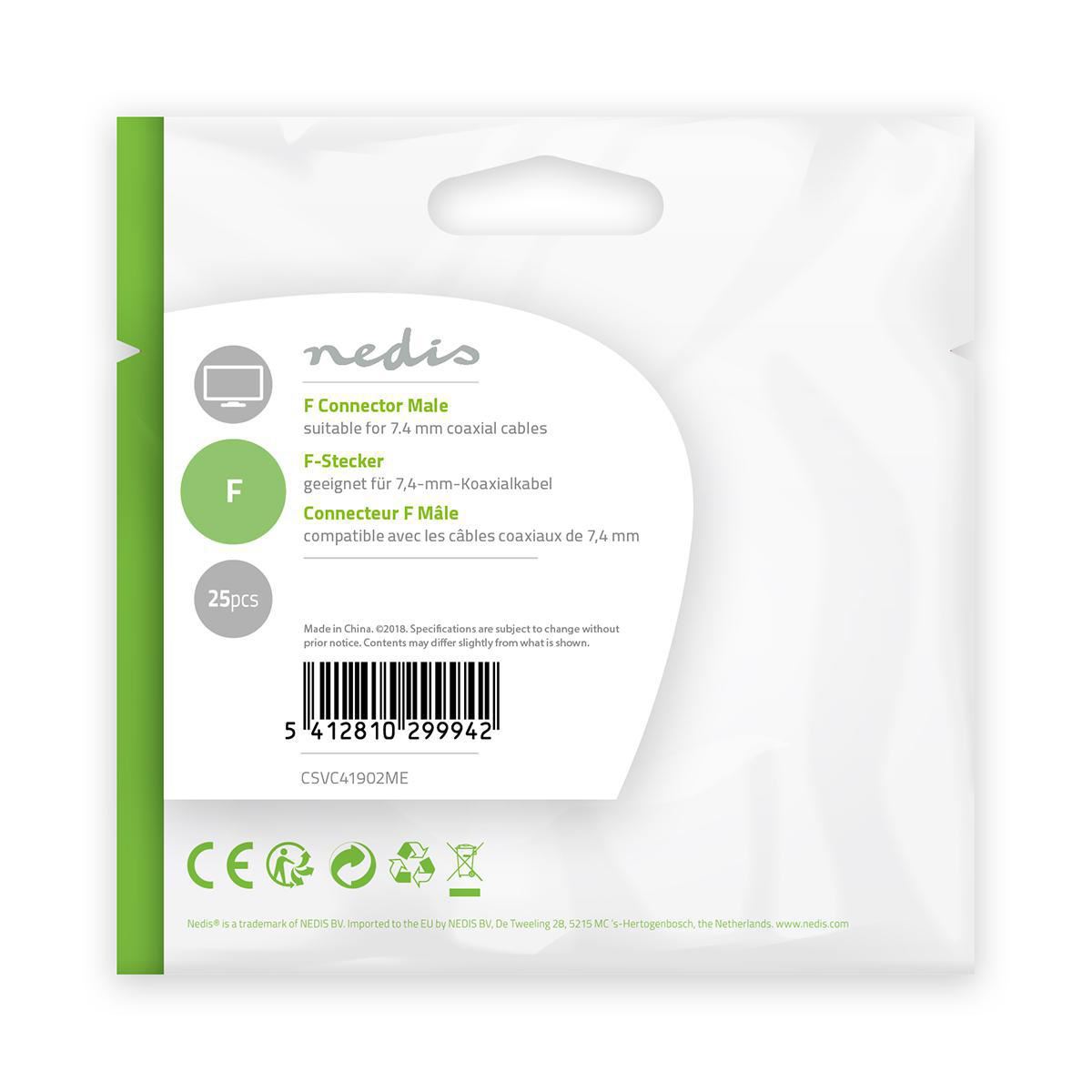 Nedis F Connector Male For 7.4mm Coaxial Cables 25 pieces Metal - CSVC41902ME