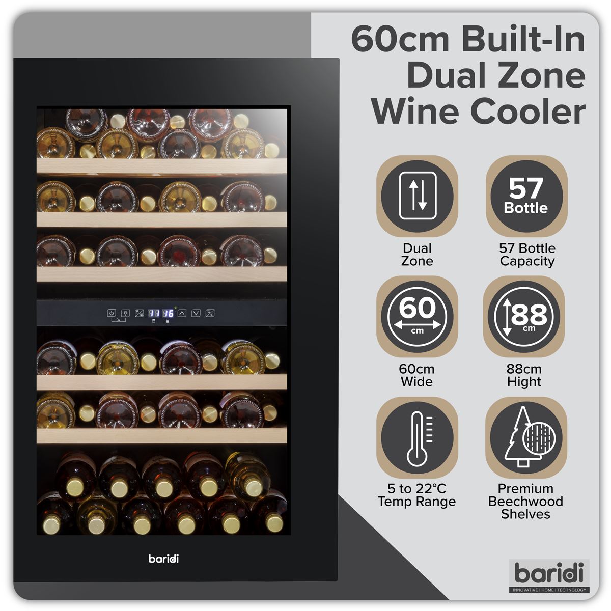 Baridi 57 Bottle Dual Zone Wine Fridge & Cooler 60cm DH118