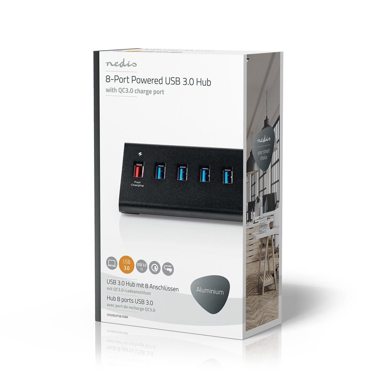 Nedis USB Hub 8-Port USB 3.0 Powered QC3.0 5 Gbps - UHUBUP3810BK