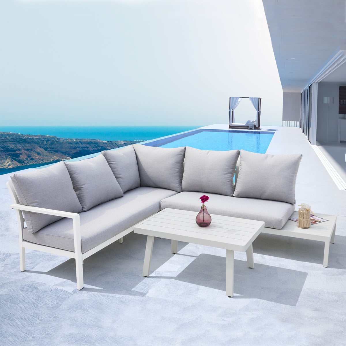 Dellonda Kyoto White 3 Piece Outdoor Garden Corner Sofa & Coffee Table Set DG53
