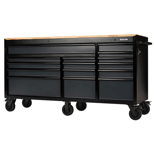 BUNKER 15 Drawer Workbench Roller Tool Cabinet, 72", Grey