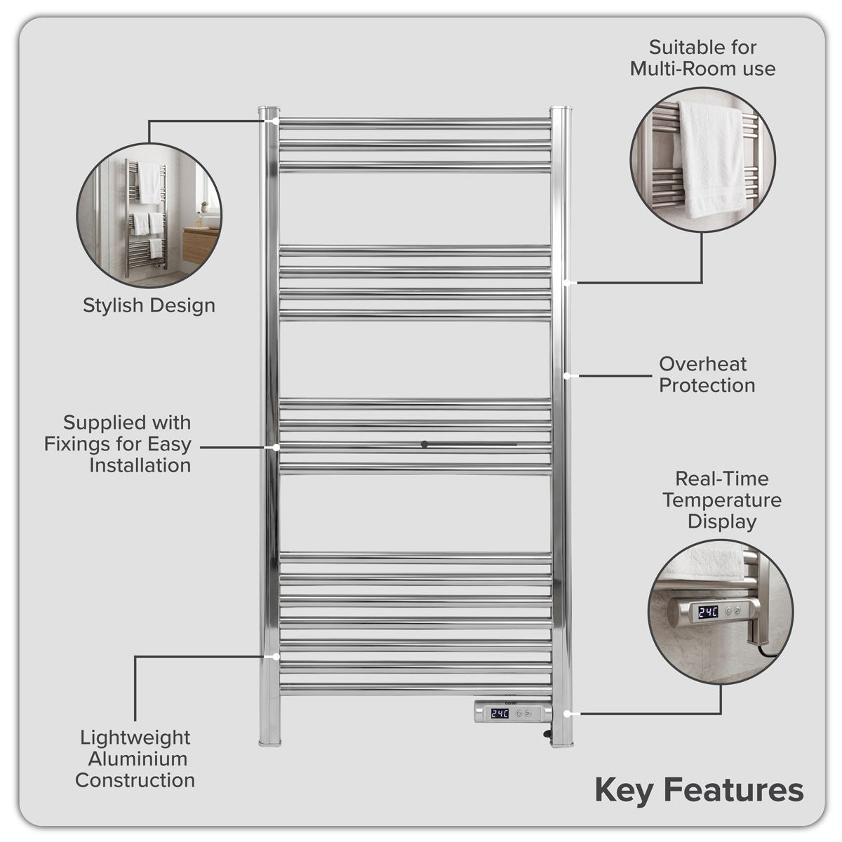 Baridi Electric Heated Towel Rail 1085 x 535mm with LED Display � Silver DH372