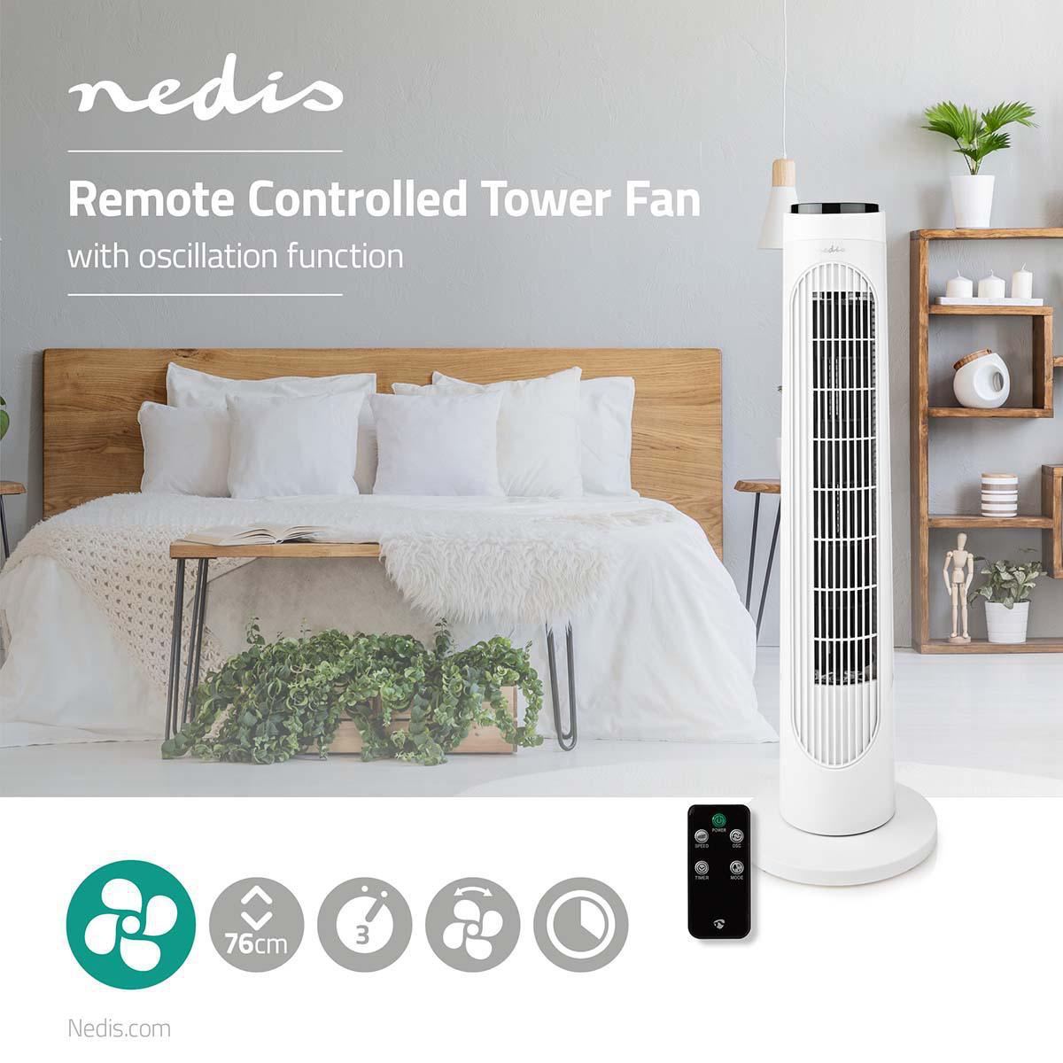 Nedis Tower Fan Height 76 cm 3-Speed Oscillation 50W Remote control White/Black - FNTR13CWT40
