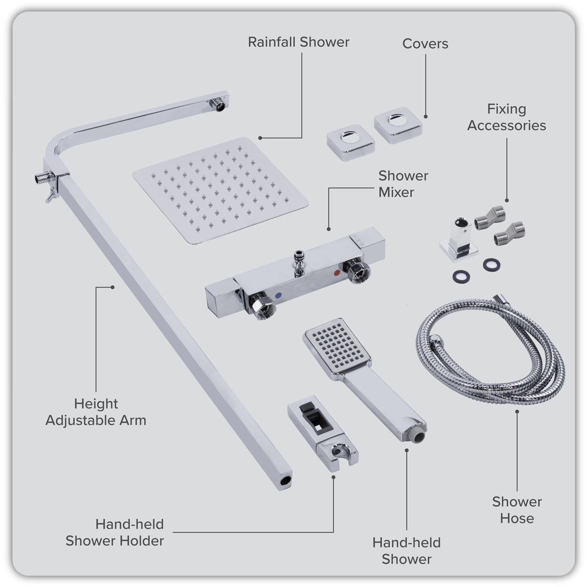 Baridi Thermostatic Shower Mixer Set, 20x20cm Square Head, Adjustable Rail - Chrome DH316
