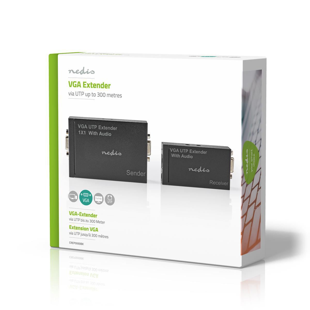 Nedis VGA and Audio Extender Up to 300m over Cat 5e Cat 6 Transmitter & Receiver - CREP5930BK