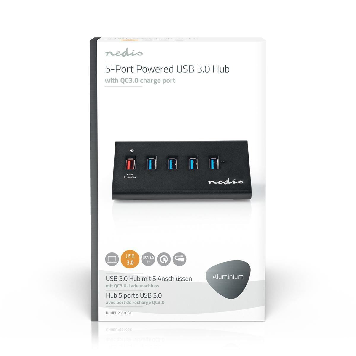 Nedis USB Hub 5-Port USB 3.0 Powered QC3.0 Charge Port 5 Gbps Aluminium - UHUBUP3510BK