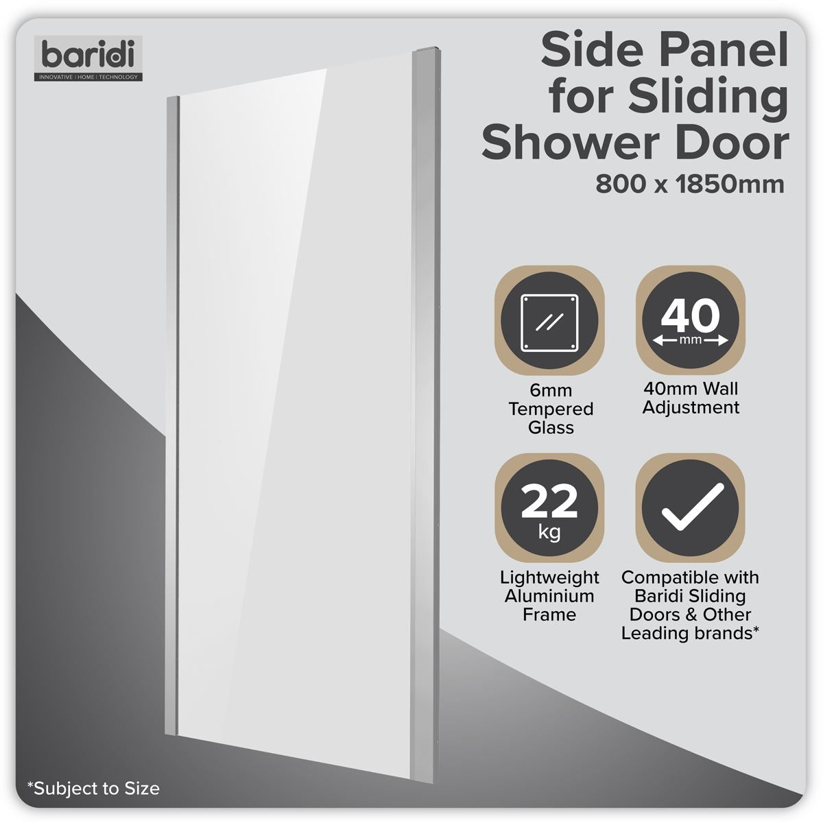 Baridi Side Panel for Sliding Shower Doors, 6mm Tempered Glass - Chrome DH296