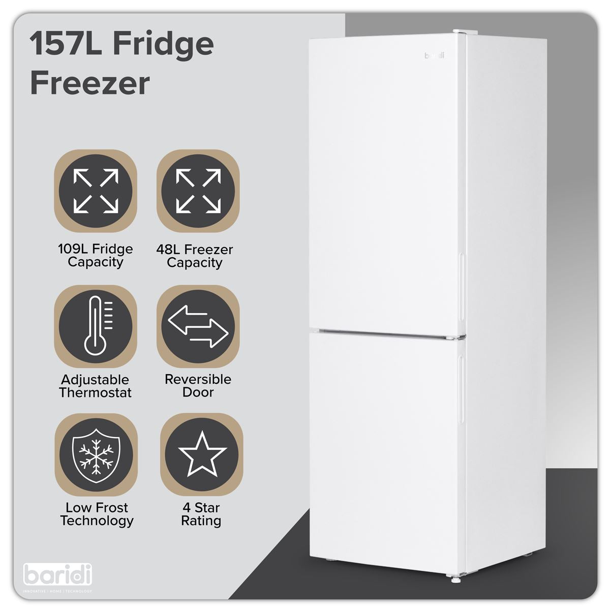 Baridi 70/30 Low Frost Fridge Freezer 157L Capacity - White DH252