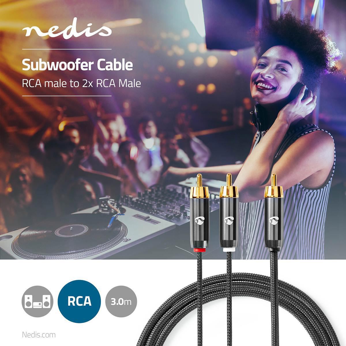 Nedis Subwoofer Cable RCA Male to 2x RCA Male 3m Gun Metal Grey Braided - CATB24000GY30