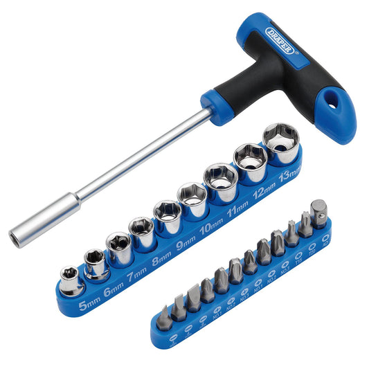 Draper T-Handle Screwdriver, Socket and Bit Set, 1/4" Sq. Dr. (22 Piece)