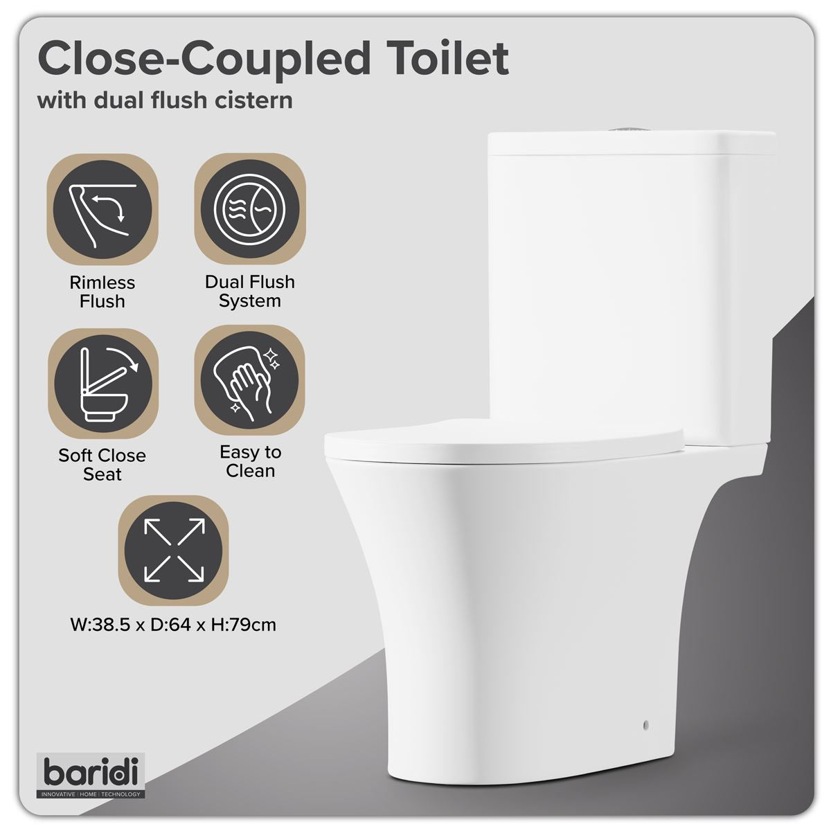 Baridi Close-Coupled Toilet Soft Close Seat, Dual Flush Cistern & Rimless Flush