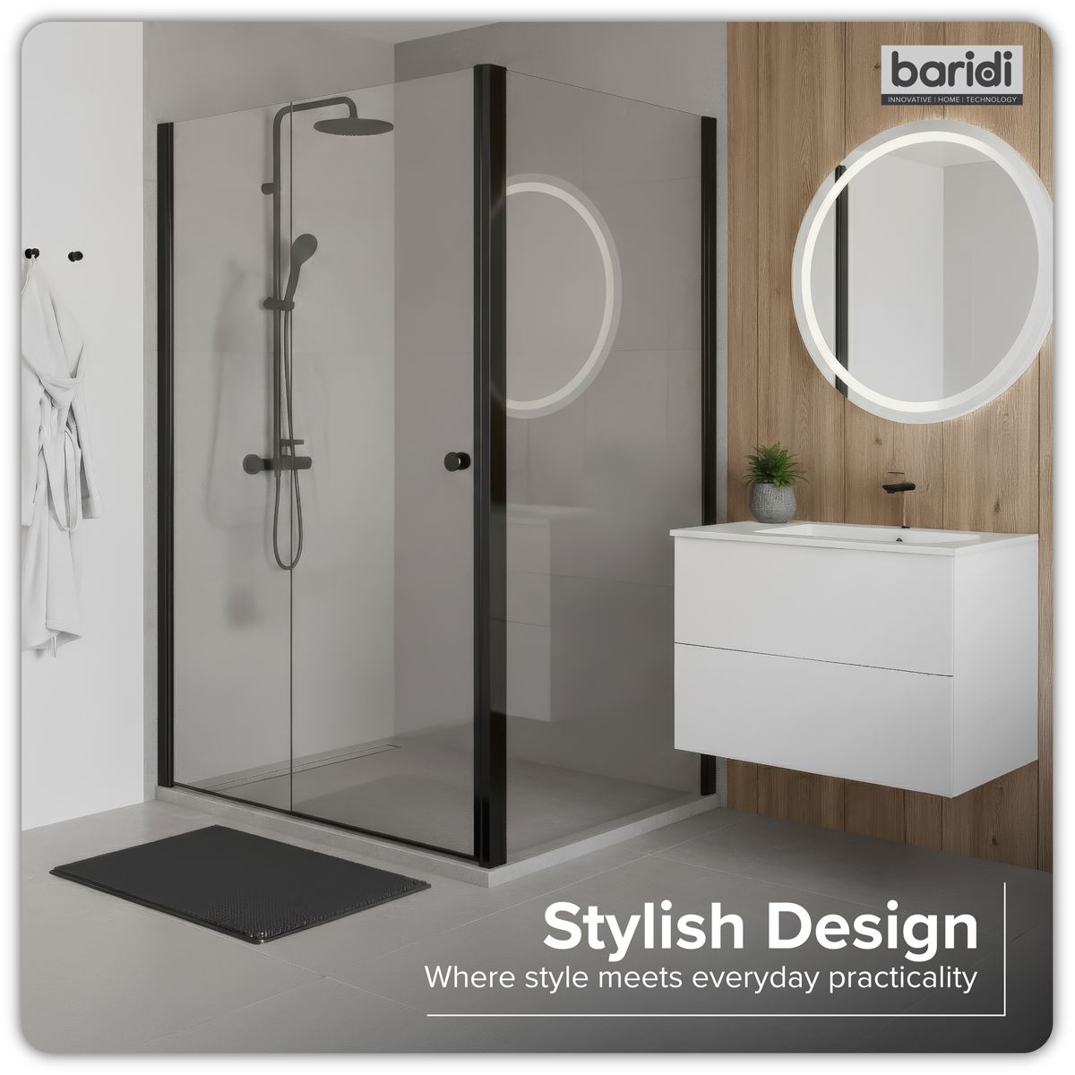 Baridi Side Panel for Sliding Shower Doors, 6mm Tempered Glass - Black DH297