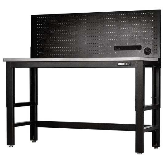 BUNKER Workbench with Stainless Steel Worktop and Power Pegboard, 1550mm