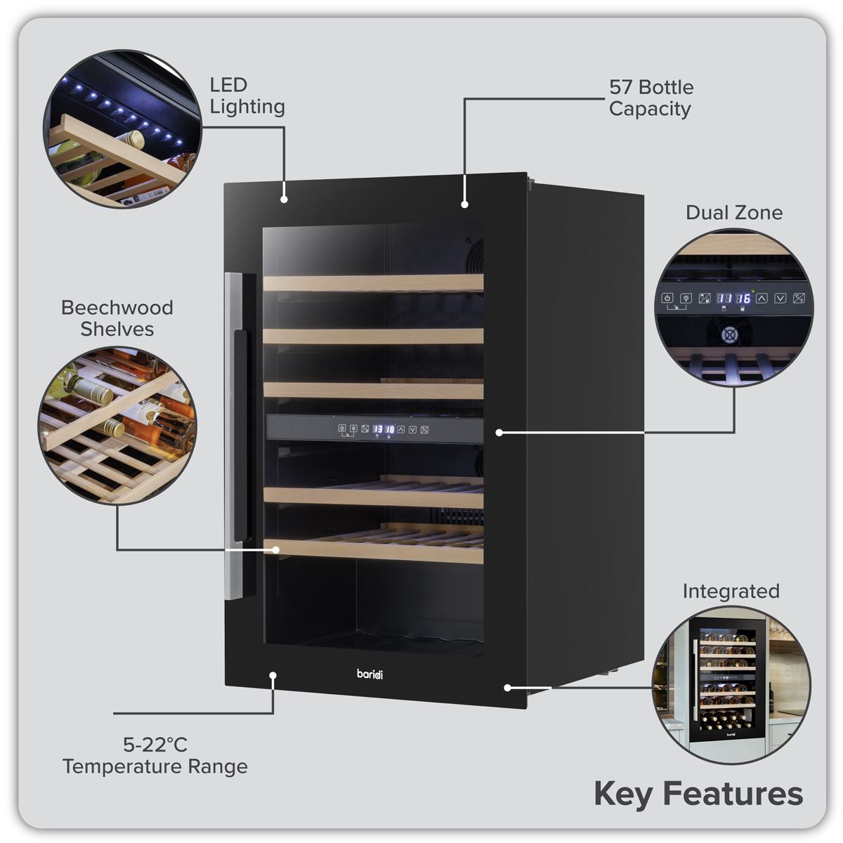 Baridi 57 Bottle Dual Zone Wine Fridge & Cooler 60cm DH118