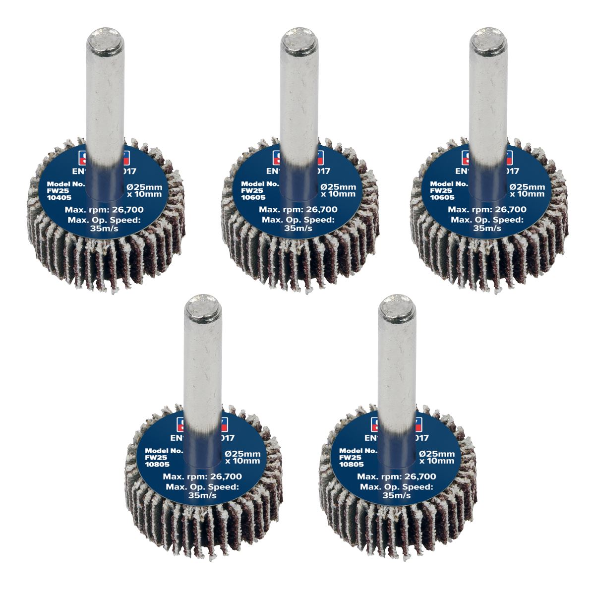 Sealey Abrasive Flap Wheel 25 x 10mm 6mm Shaft Assorted Grit - Pack of 5 FW2510ASS