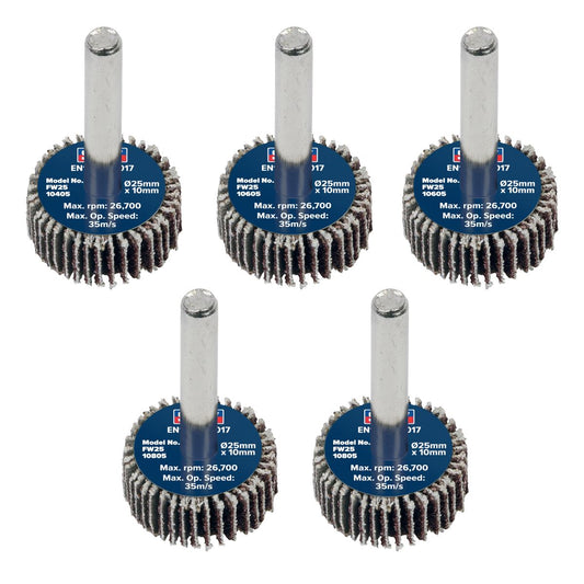 Sealey Abrasive Flap Wheel 25 x 10mm 6mm Shaft Assorted Grit - Pack of 5 FW2510ASS