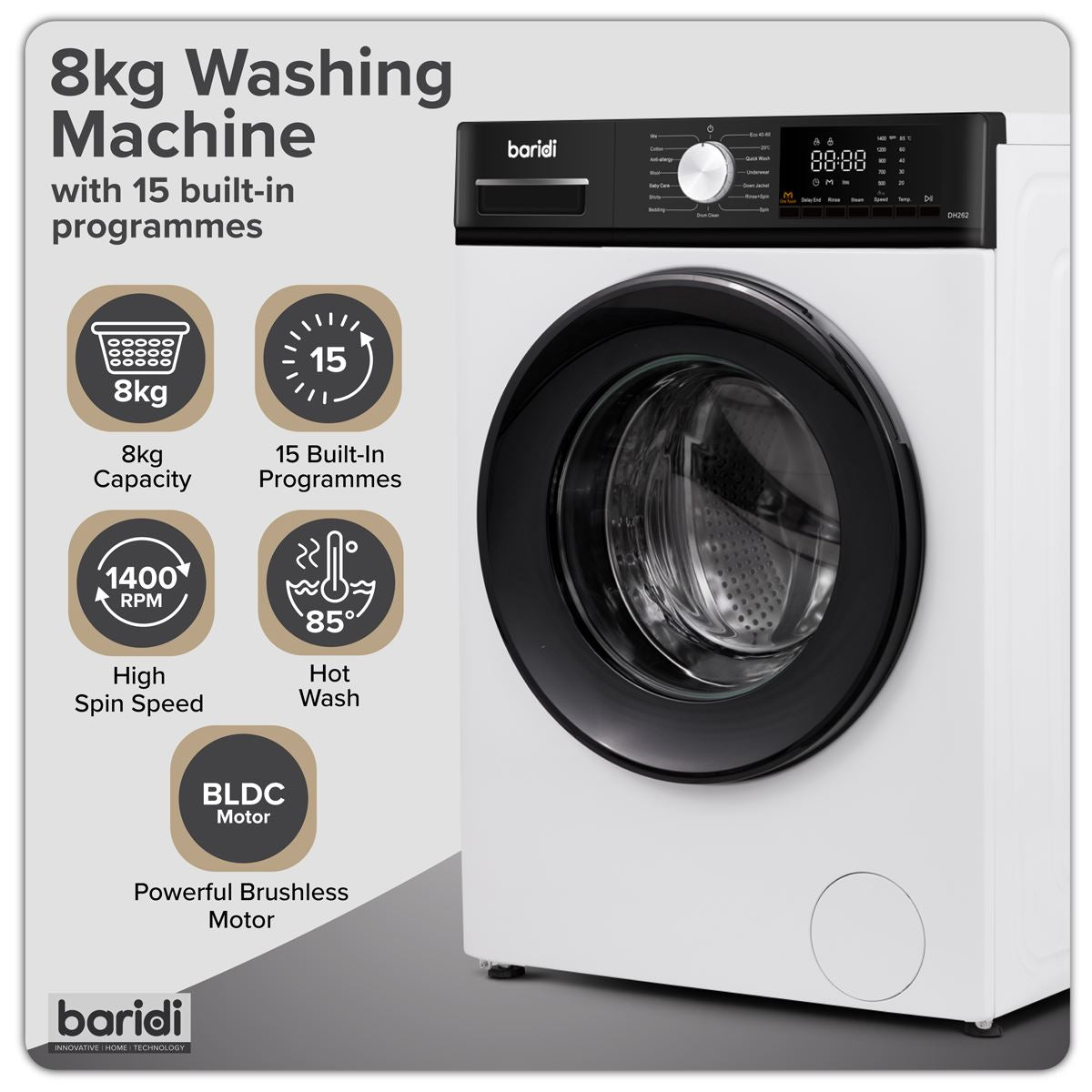 Baridi 8kg Washing Machine, Front Loading, 1400rpm Energy Rating A � White DH262