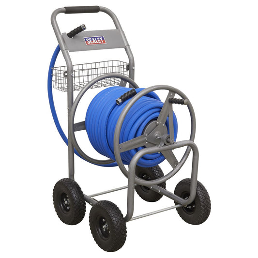 Sealey Heavy-Duty Hose Reel Cart with 50m Heavy-Duty 19mm Hot & Cold Rubber Water Hose HRKIT50