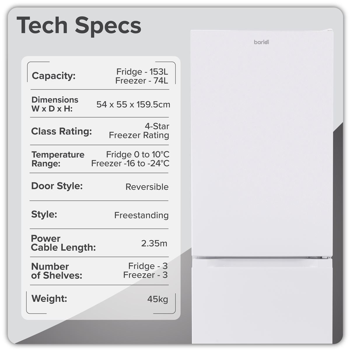Baridi  60/40 Smart Frost Fridge Freezer 227L Capacity � White DH326