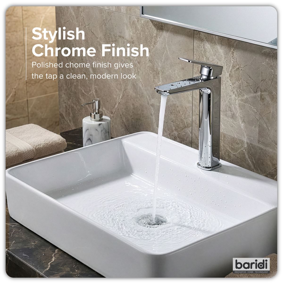Baridi High Basin Mixer Tap with Clicker Waste - Chrome DH394