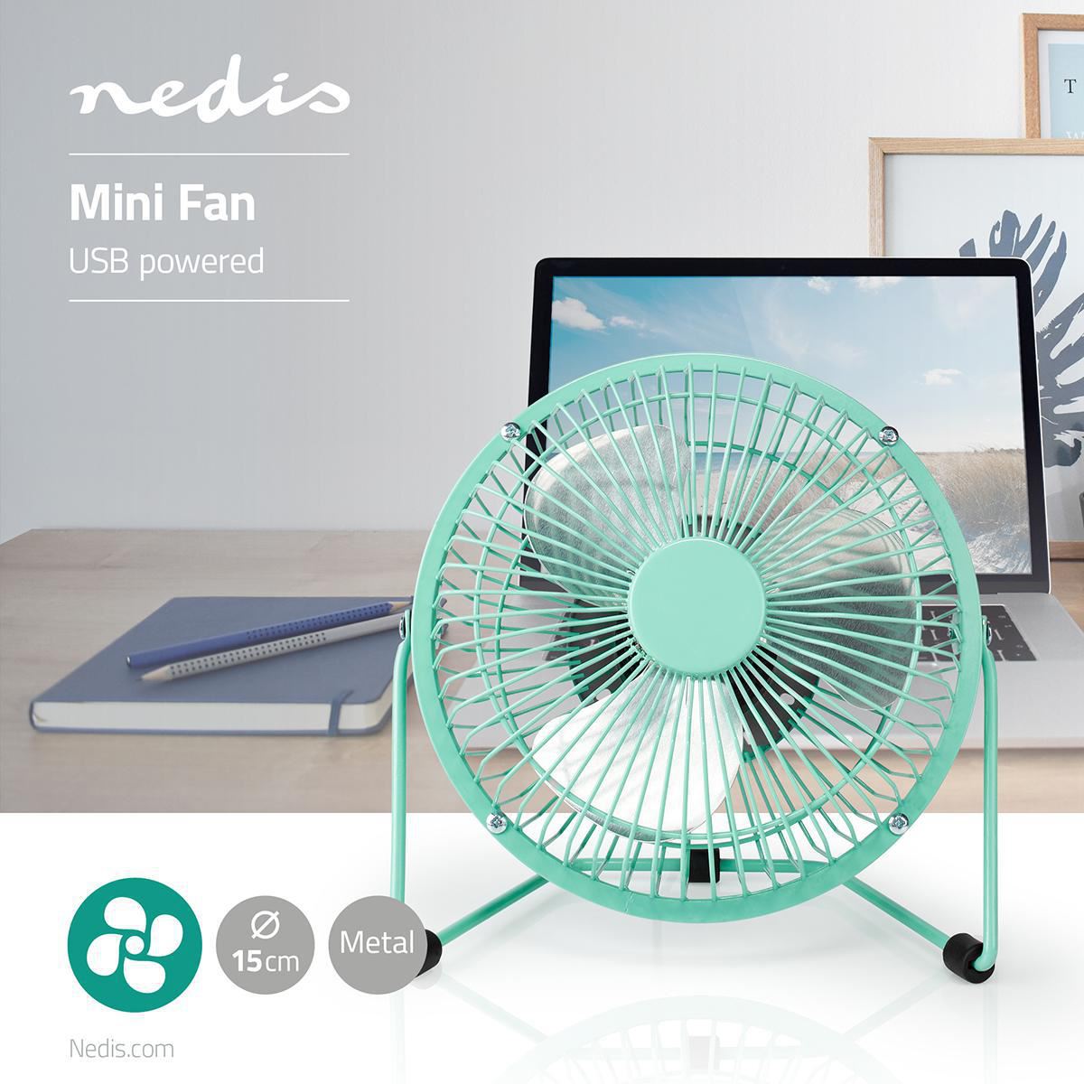 Nedis Metal Mini Fan 15cm Diameter USB Powered Turquoise - FNDK1TQ15