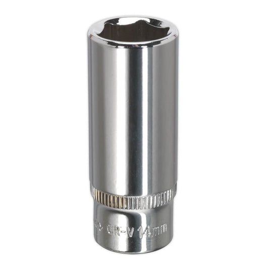 Sealey WallDrive Socket 14mm Deep 1/4"Sq Drive Fully Polished SP1414D