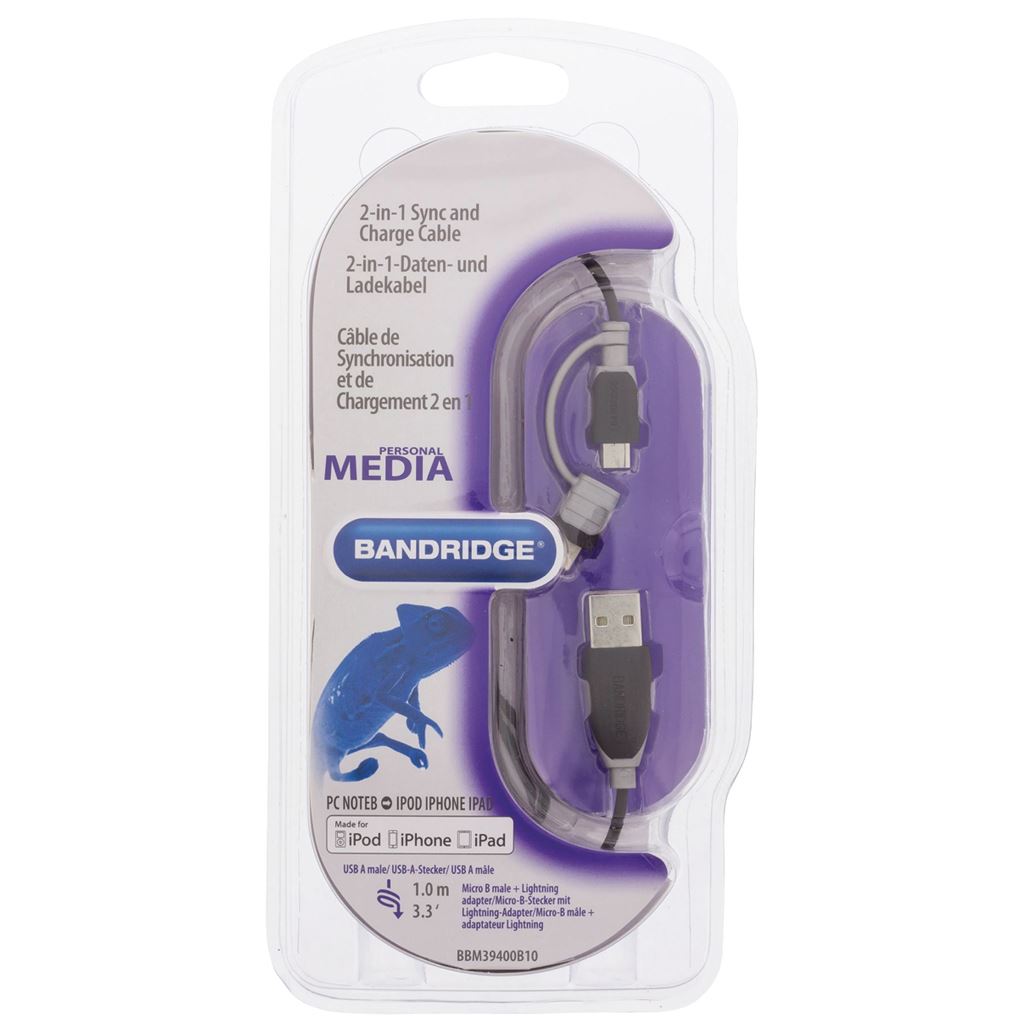 Bandridge 2-in-1 sync and charge cable USB 2A male to Micro B male with attached Lightning adapter 1m black - BBM39400B10