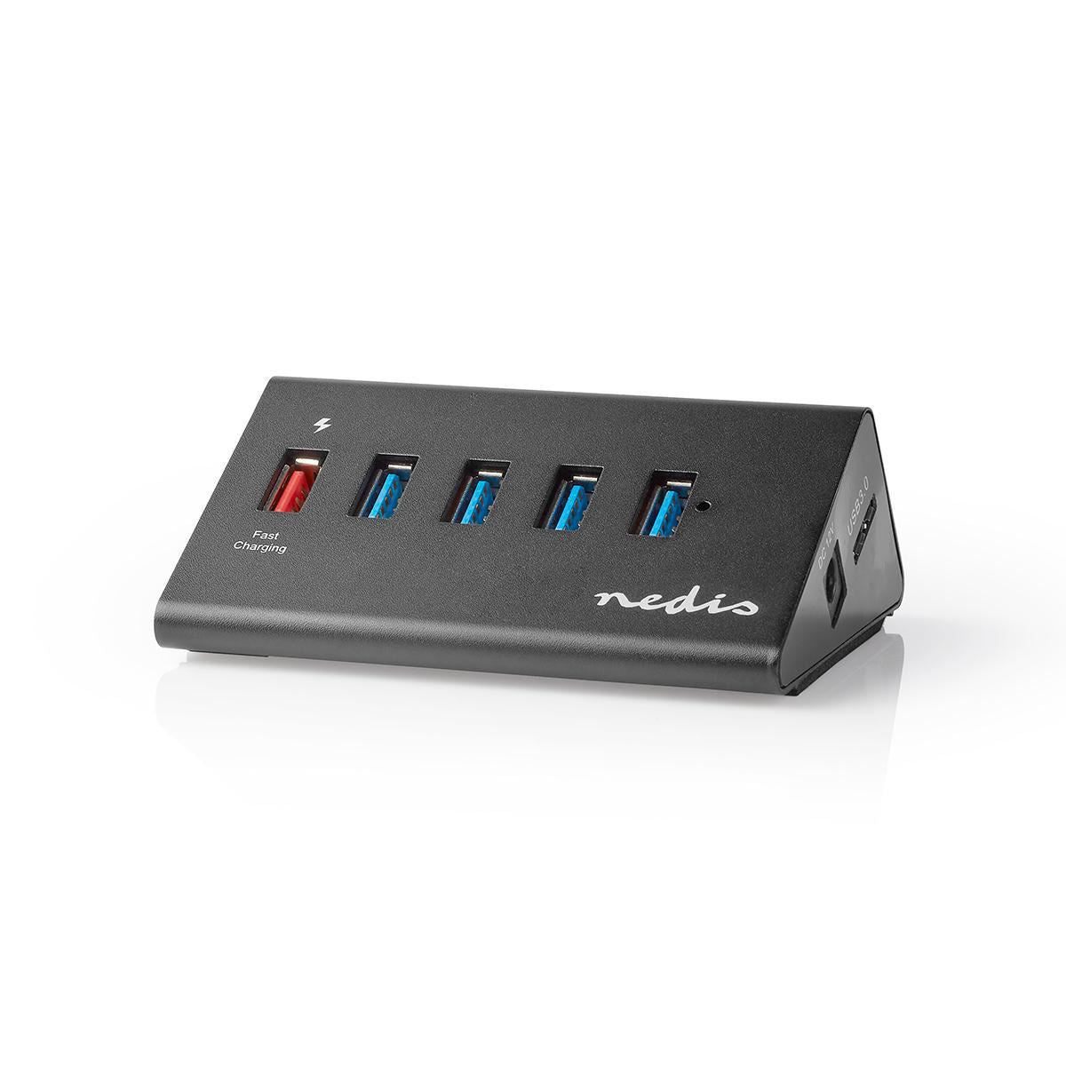 Nedis USB Hub 5-Port USB 3.0 Powered QC3.0 Charge Port 5 Gbps Aluminium - UHUBUP3510BK
