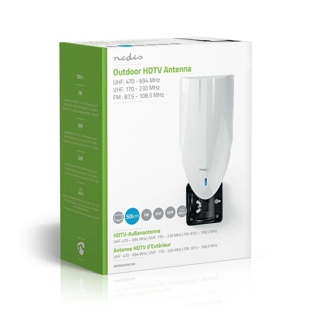 Nedis Outdoor HDTV Antenna 0 to 50 km Gain 40dB FM/VHF/UHF White - ANOR5002BK700