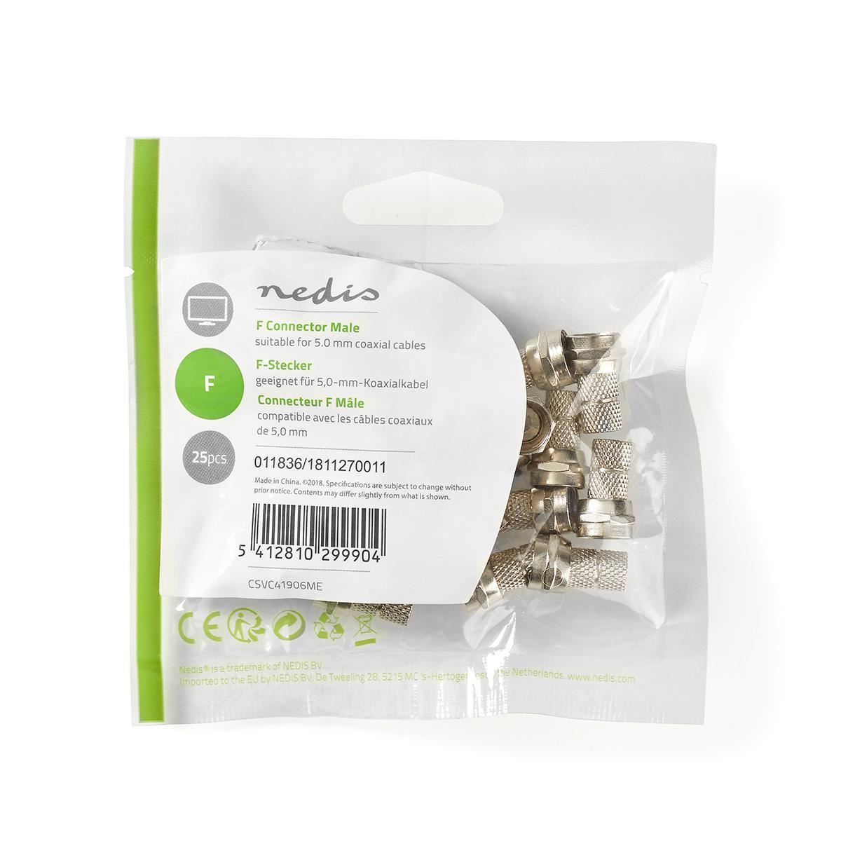 Nedis F Connector Male For 5.0mm Coaxial Cables 25 pieces Metal - CSVC41906ME