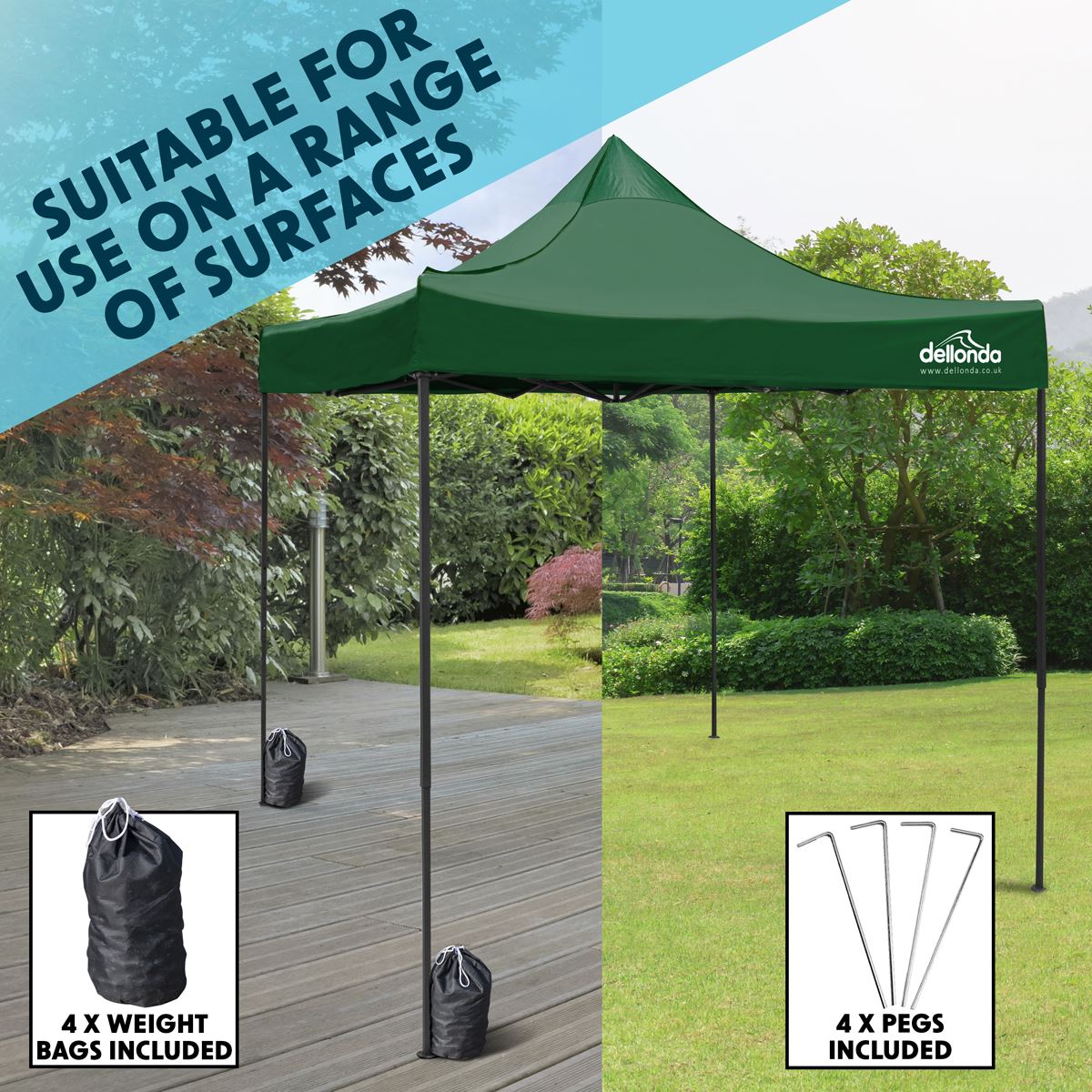 Sealey Dellonda Premium 2x2m Pop-Up Gazebo, Heavy Duty, PVC Coated, Water Resistant Fabric, Supplied with Carry Bag, Rope, Stakes & Weight Bags - Dark Green Canopy DG128