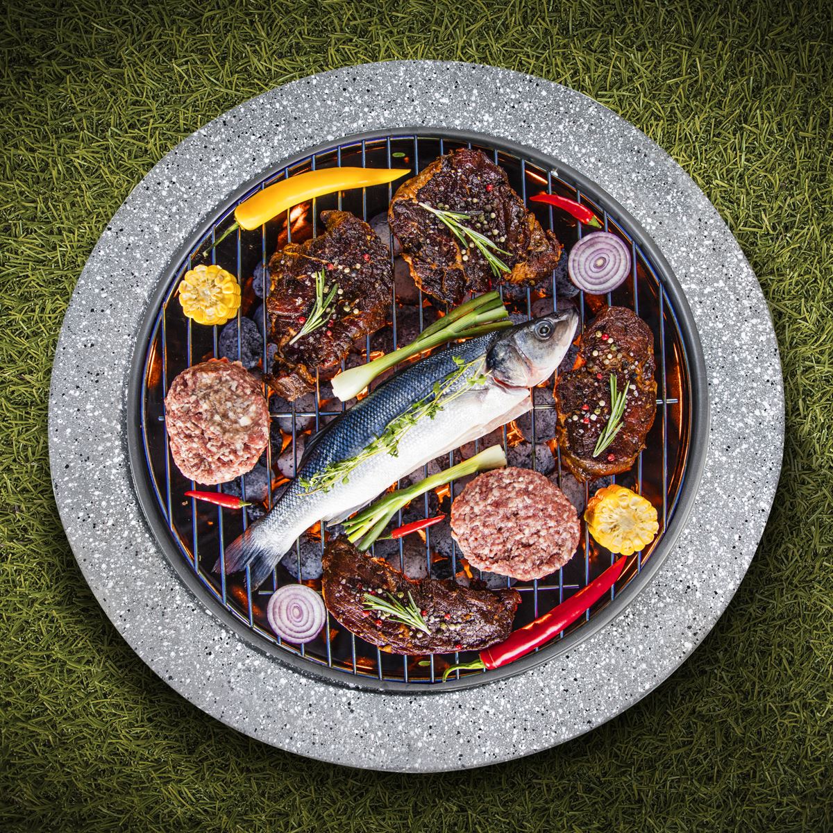 Dellonda Round MgO Fire Pit with BBQ Grill, 60cm, Safety Mesh Screen Light Grey