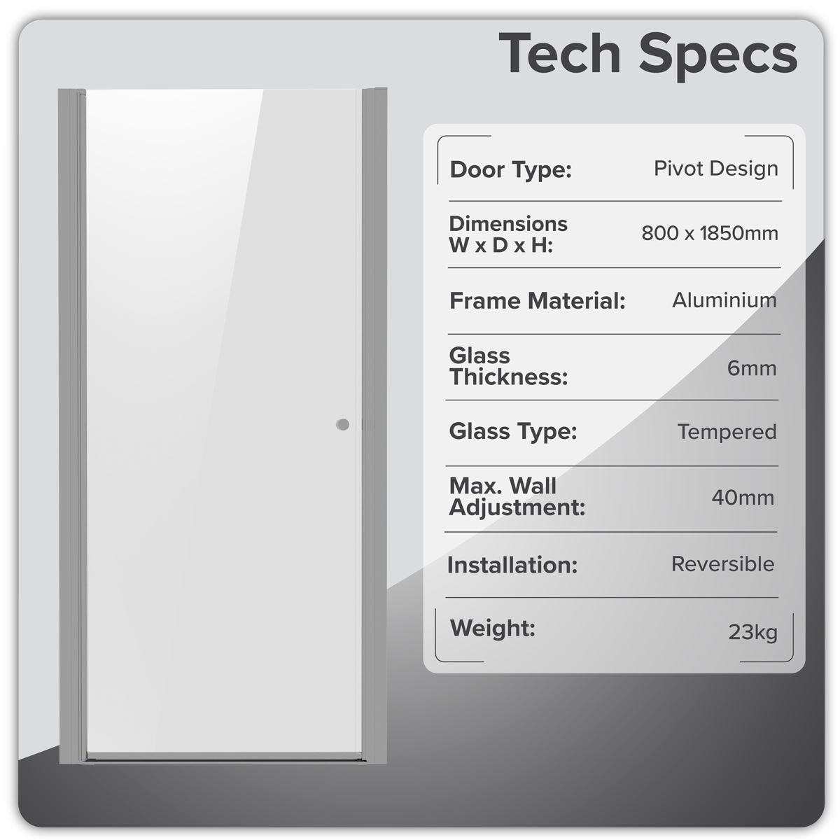 Baridi Pivot Shower Door 800 x 1850mm, 6mm Tempered Glass, Reversible - Chrome DH303