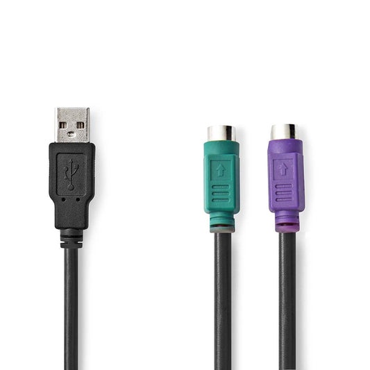 2-in-1 Cable USB 2.0 USB-A Male 2x PS/2 Female 480Mbps 0.30m Nickel Plated Round