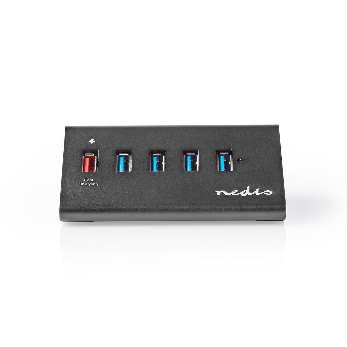 Nedis USB Hub 5-Port USB 3.0 Powered QC3.0 Charge Port 5 Gbps Aluminium - UHUBUP3510BK