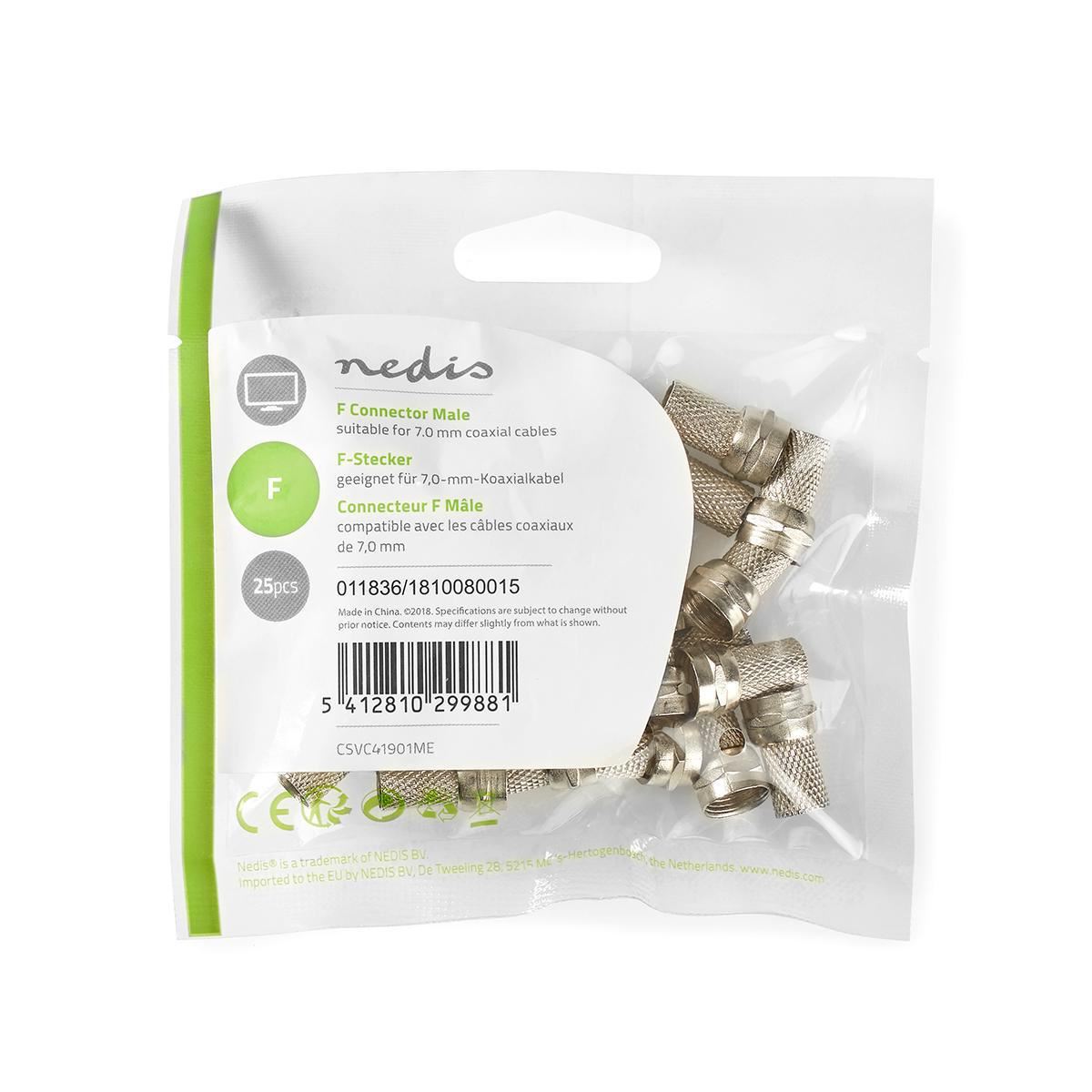Nedis F Connector Male For 7.0mm Coaxial Cables 25 pieces Metal - CSVC41901ME
