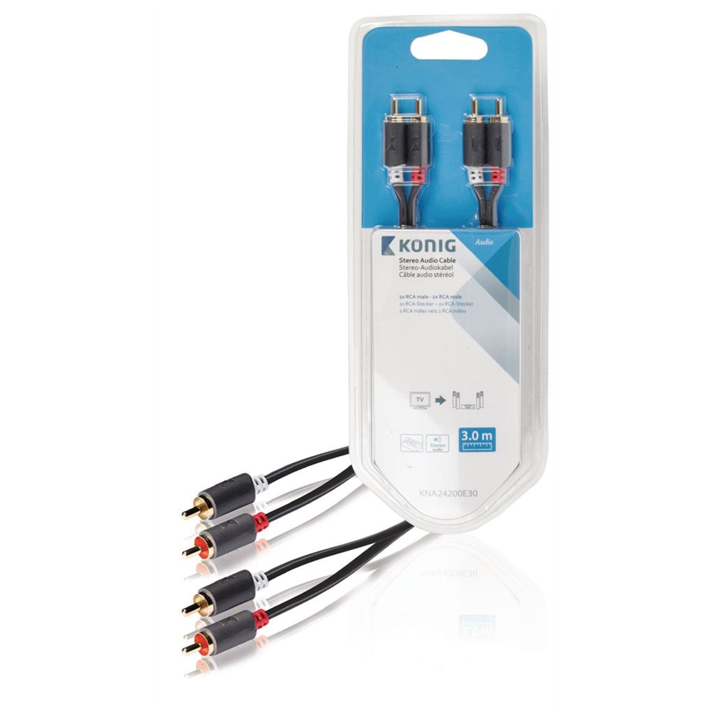 Konig Stereo audio cable 2x RCA male to 2x male 3m grey - CABW24200AT30