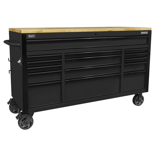 Sealey Superline Pro Black Edition Mobile Trolley, Wood Worktop 15 Drawer 1549mm