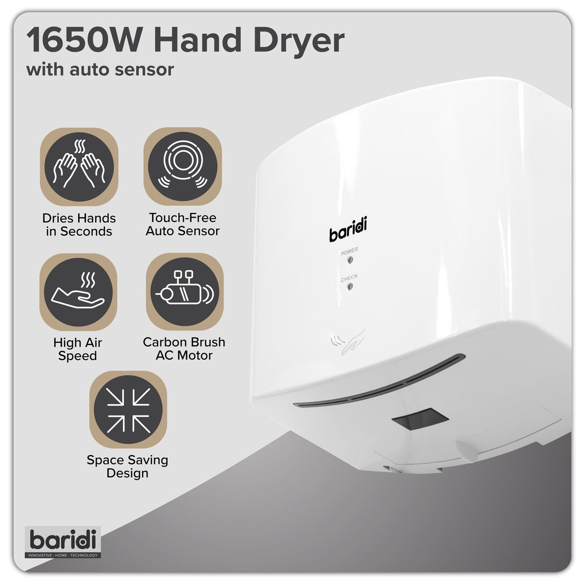 Baridi High Speed Hand Dryer with Auto Sensor 1400-1650W - White DH378