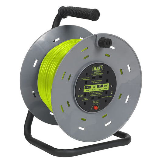 Sealey Cable Reel with Thermal Trip 4 x 230V Sockets 50m - Green BCR50G