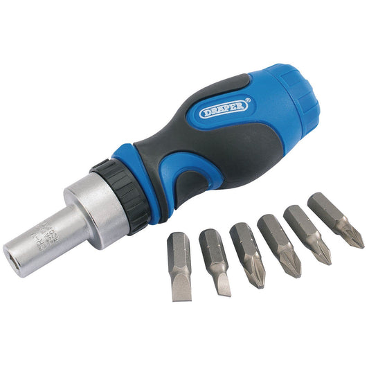 Draper 01050 - 7 Piece STUBBY Ratchet/Ratcheting Screwdriver 1/4" Holder & Bits