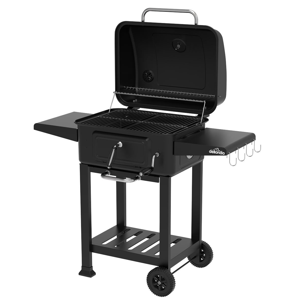 Dellonda Charcoal Grill BBQ Smoker and Trolley with 2 Side Shelves - Black DG283