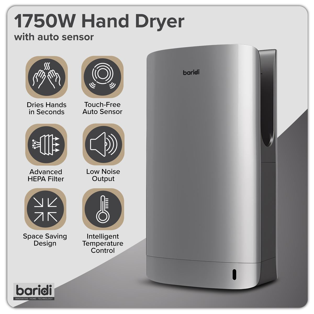 Baridi Hand Dryer with HEPA Filter & Auto-Sensor 1750W/230V - Silver DH150