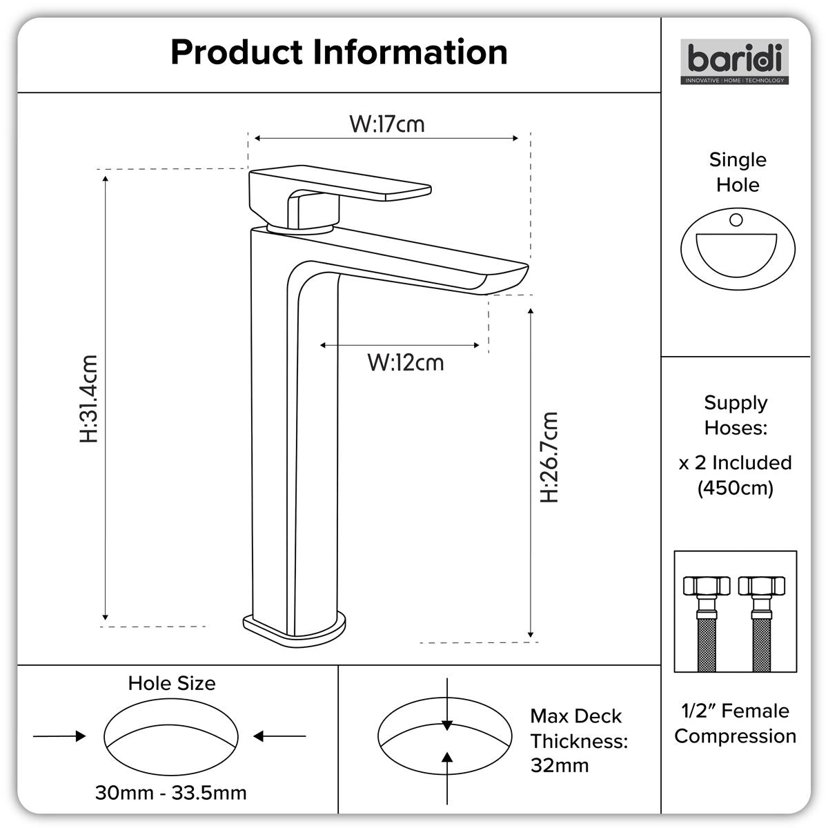 Baridi High Basin Mixer Tap with Clicker Waste - Matt Black DH395