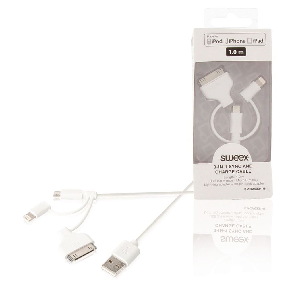 Sweex 3 in 1 sync and charge cable USB 2A male to Micro B male + Lightning adapter + 30-pin dock adapter 1m white