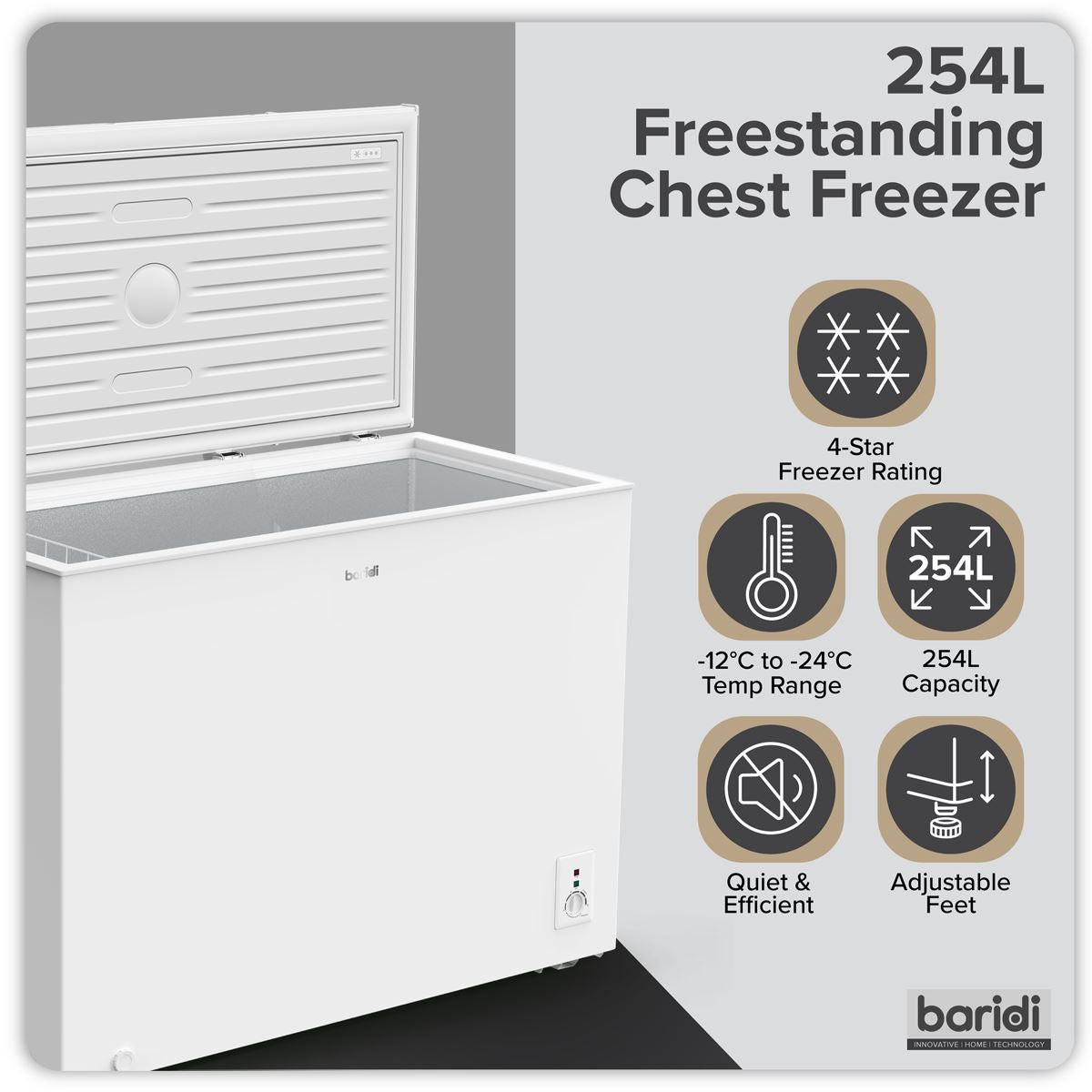 Baridi Freestanding Chest Freezer 254L Capacity - White DH258