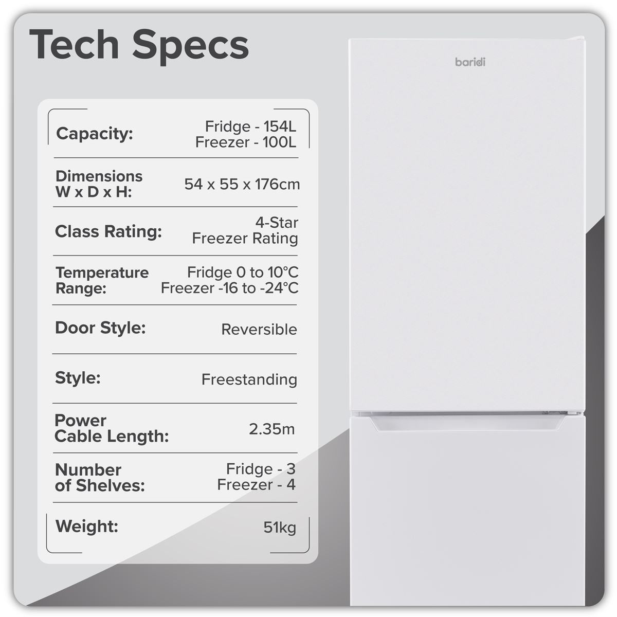 Baridi 60/40 Smart Frost Fridge Freezer 254L Capacity � White DH328