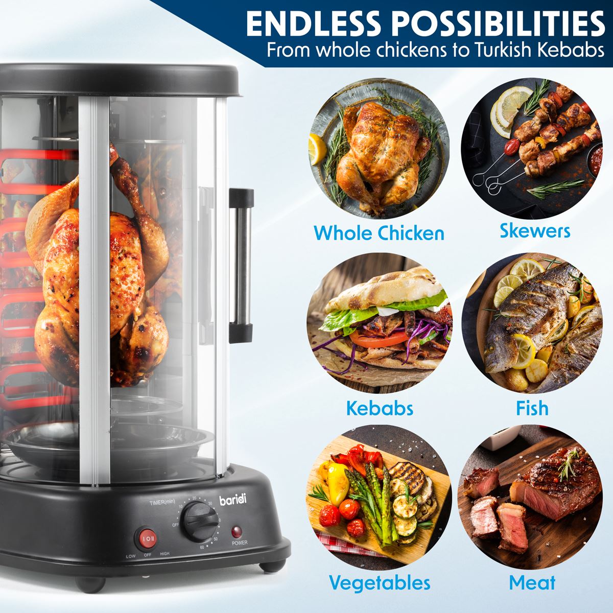 Sealey Baridi Rotisserie Grill, Kebabs, Gyros, Skewers, Roasts, 1500W, 21L, Black DH216