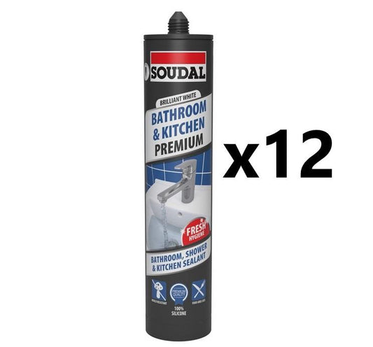 Soudal 12x Premium Bathroom, Kitchen & Shower Silicone Sealant - Brilliant WHITE (290ml)